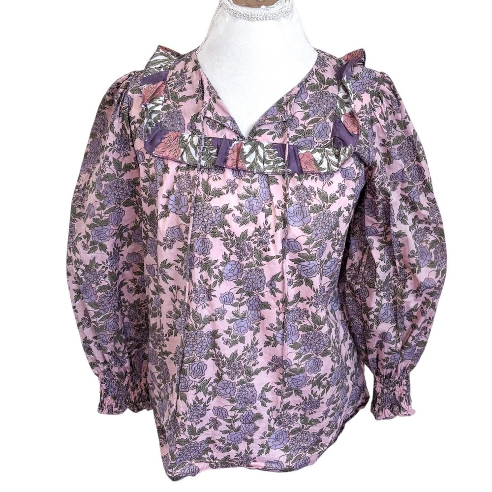 Victoria Dunn Womens Ophelia Floral Peasant‎ Top XS Pink Boho Ruffle Puff Sleeve